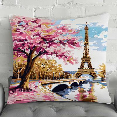 DIY Hook Latch kit Eiffel Tower Scenery Cushion Making kit Pink Flower Tree DIY Hook Latch Kit Pillowcase Rug Printed Cushion Crochet Yarn Embroidery Decoration Beginner Latch Hook Kits 43x43cm