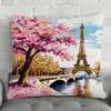 DIY Hook Latch kit Eiffel Tower Scenery Cushion Making kit Pink Flower Tree DIY Hook Latch Kit Pillowcase Rug Printed Cushion Crochet Yarn Embroidery Decoration Beginner Latch Hook Kits 43x43cm view 1