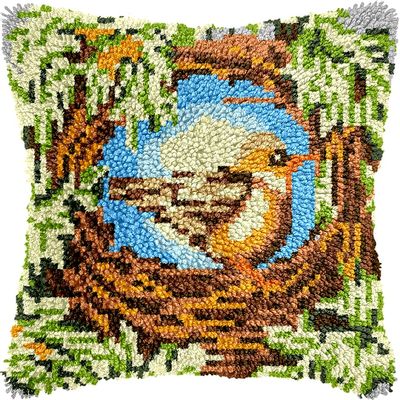 A Little Bird in Nest Latch Hook Kits Pillow DIY Crochet Yarn Printed Pillowcase Cross Stitch Hook and Latch Kit Cushion Cover Christmas Home Sofa Decoration 43x43cm