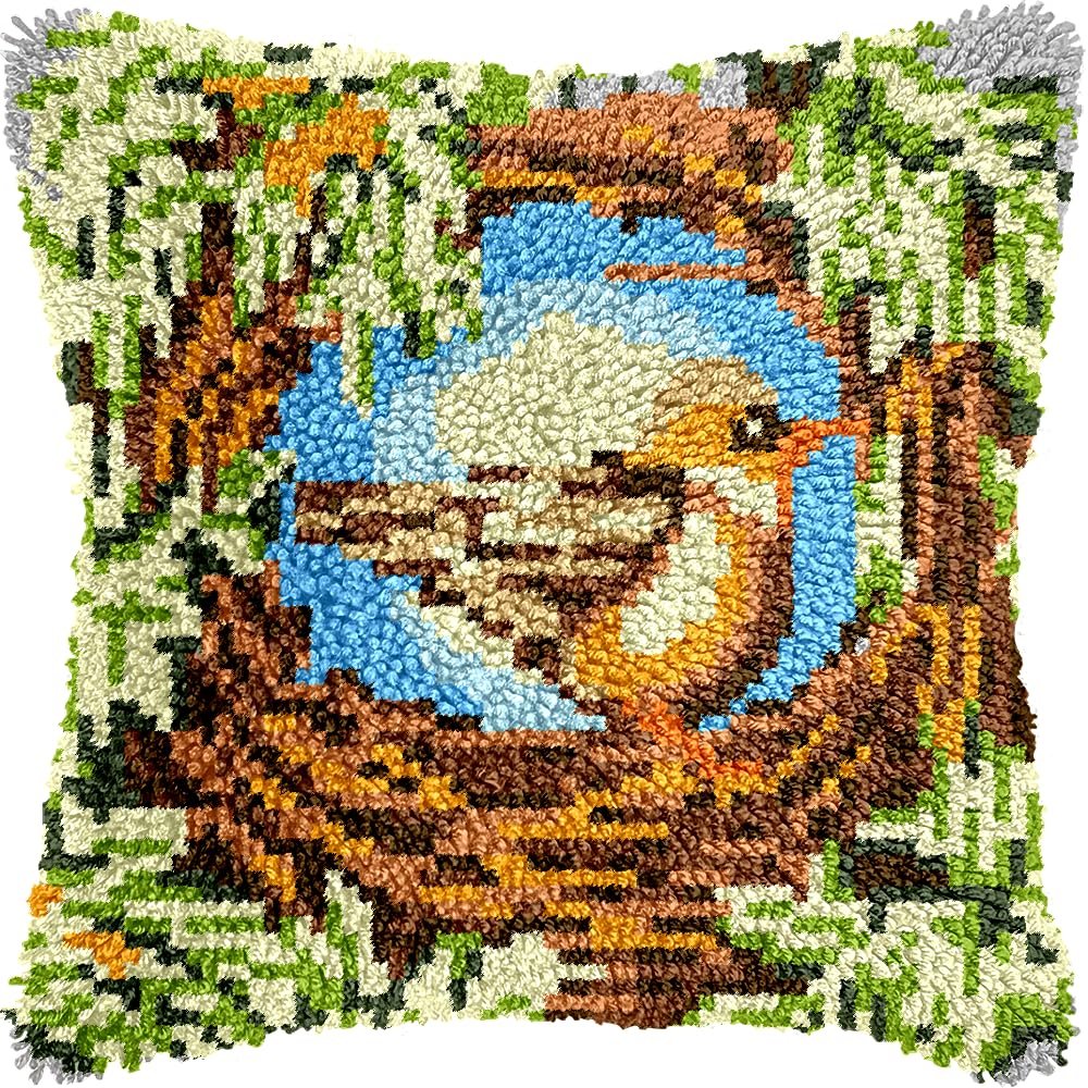 A Little Bird in Nest Latch Hook Kits Pillow DIY Crochet Yarn Printed Pillowcase Cross Stitch Hook and Latch Kit Cushion Cover Christmas Home Sofa Decoration 43x43cm