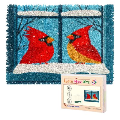 Cardinal Bird Window Snow Latch Hook Rug Kit for Adults Pre-Printed Handmade Carpet Crochet Yarn Craft DIY Hook and Latch Door Mat Tapestry Home Floor Decoration 52x38cm(2)