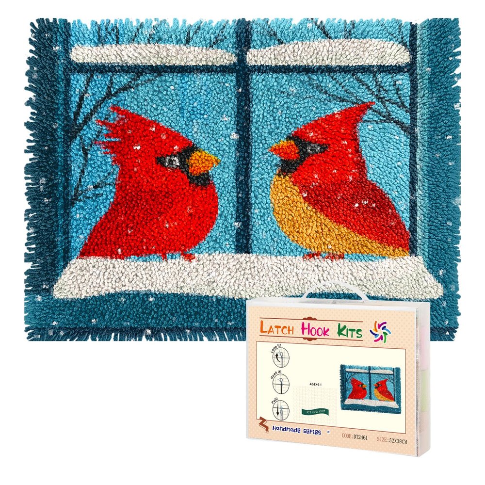 Cardinal Bird Window Snow Latch Hook Rug Kit for Adults Pre-Printed Handmade Carpet Crochet Yarn Craft DIY Hook and Latch Door Mat Tapestry Home Floor Decoration 52x38cm(2)