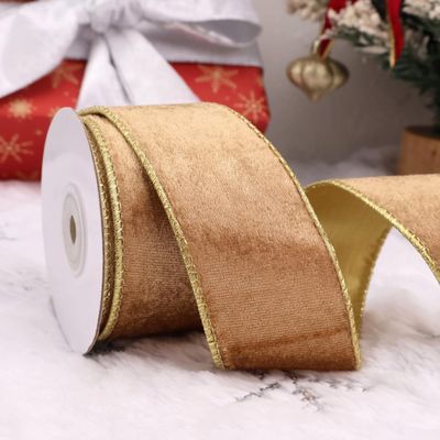 Brown Ribbon Velvet Wired Ribbon 2inch Metallic Wired Edge Doouble Sided for Christmas Decoration, Gift Wrapping Home Decor Crafts (Brown and Gold)