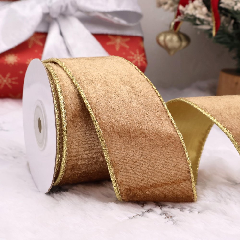 Brown Ribbon Velvet Wired Ribbon 2inch Metallic Wired Edge Doouble Sided for Christmas Decoration, Gift Wrapping Home Decor Crafts (Brown and Gold)
