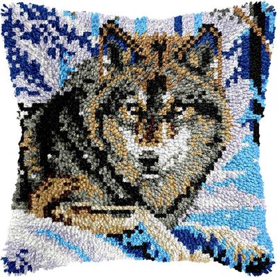 Wolf in Snow Latch Hook Pillow Kits Pillow Cover Pattern Printed Canvas Crochet Cross Stich Hooking Pillowcase Cushion Crafts Embroidery Latch Hooking Crochet Kits Set 17x17 inch(100)