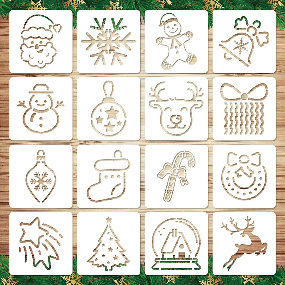16 Reusable Christmas Stencils for Painting - Snowman, Santa, Merry Christmas, Xmas Templates (Style 2)
