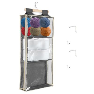 Hanging Yarn Storage Organizer with 3 Large Pockets, Clear Knitting Organizer Storage with Zippers, Over the Door Yarn Organizer Behind Door Organizer, Hanging Yarn Storage Bag (Gray)