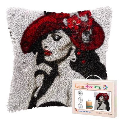 3D Tuextured Beauty Hat Woman DIY Latch Hook Pillow Kits for Adults Printed Pillowcase Crochet Yarns Hooking Handmade Pillow Cover Cushion for Home Sofa Decoration 17x17inch