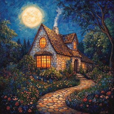 Cross Stitch Kit for Beginners,Stone House Under The Moon,Full DIY Embroidery Set with Pre-Sorted Threads and Bright Thread Colors,Ideal for DIY Home Decor or Wall Art Projects,40x50 cm