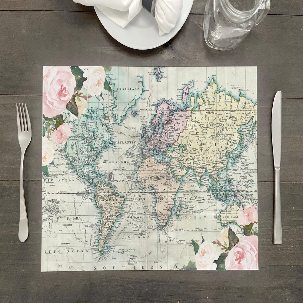 TRAVEL THEMED Premium Paper Placemats | Set of 24 Sheets | 17.25" x 12" | Printed in USA | Reusable and disposable