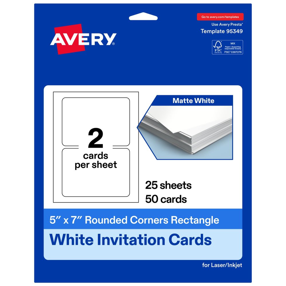 Avery Printable Rectangle Cards with Rounded Corners, 5" x 7", Matte White Cardstock, Laser & Inkjet Printable, 50 Total, Great for Invitations, Thank You Messages, and More