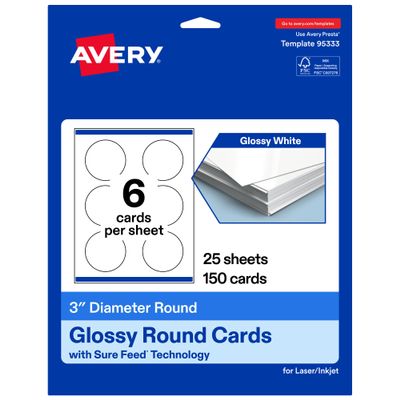 Avery Printable Round Cards, Sure Feed Technology, 3" Diameter, Glossy White Cardstock, Print-To-The-Edge, Laser/Inkjet Printable, 150 Total, Great for Business Messaging