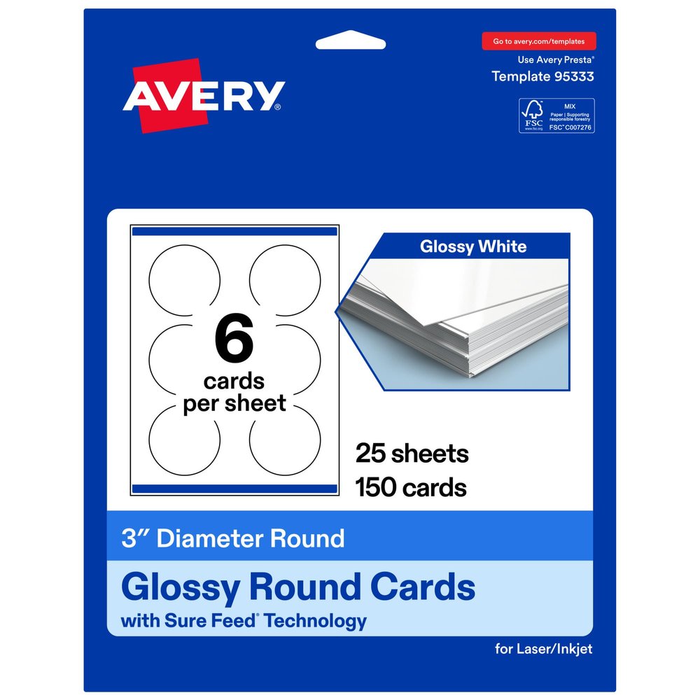 Avery Printable Round Cards, Sure Feed Technology, 3" Diameter, Glossy White Cardstock, Print-To-The-Edge, Laser/Inkjet Printable, 150 Total, Great for Business Messaging