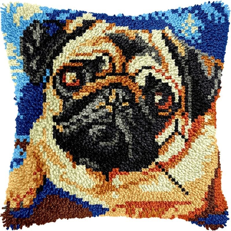 Latch Hook Pillows Kits Pug Dog Cushion Pillow Cover with Pattern Printed Canvas Sofa Throw Pillow Hooking Pillowcase Crafts Embroidery Latch Hooking Crochet Kits Set 17x17 inch(39)