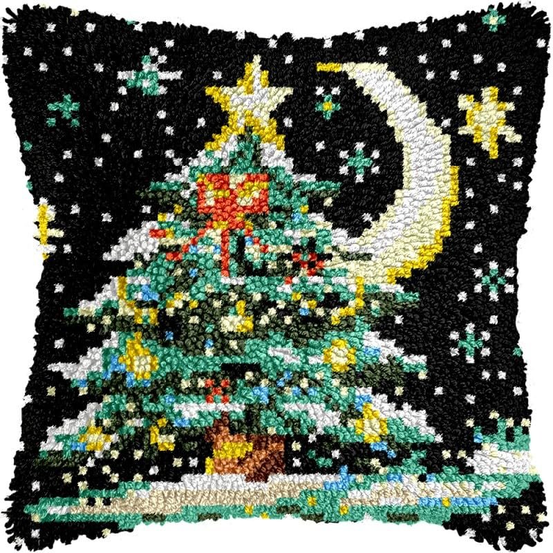 Latch Hook Pillows Kits Christmas Tree & Stars Cushion Pillow Cover with Pattern Printed Canvas Sofa Throw Pillow Hooking Pillowcase Crafts Embroidery Latch Hooking Crochet Kits Set 17x17 inch(48)