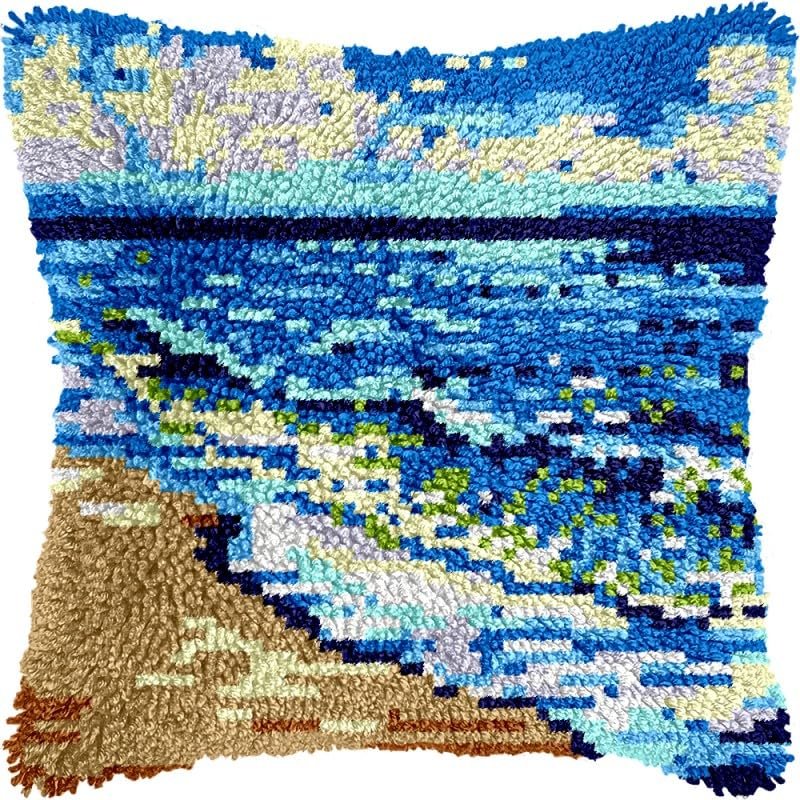 Latch Hook Pillows Kits Blue Ocean Water Cushion Pillow Cover with Pattern Printed Canvas Sofa Throw Pillow Hooking Pillowcase Crafts Embroidery Latch Hooking Crochet Kits Set 17x17 inch(53)
