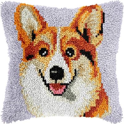Latch Hook Pillows Kits Corgi Dog Cushion Pillow Cover with Pattern Printed Canvas Sofa Throw Pillow Hooking Pillowcase Crafts Embroidery Latch Hooking Crochet Kits Set 17x17 inch(25)