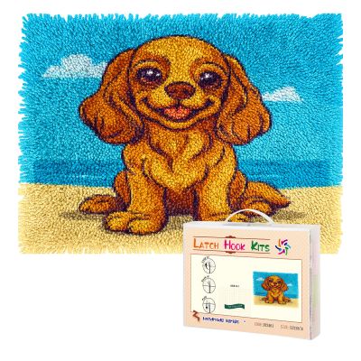 Latch Hook Rug Kit for Adults Cute Cartoon Cocker Spaniel Dog on Beach Pre-Printed Handmade Carpet Crochet Yarn Craft DIY Hook and Latch Door Mat Tapestry Home Floor Decoration 52x38cm(1)