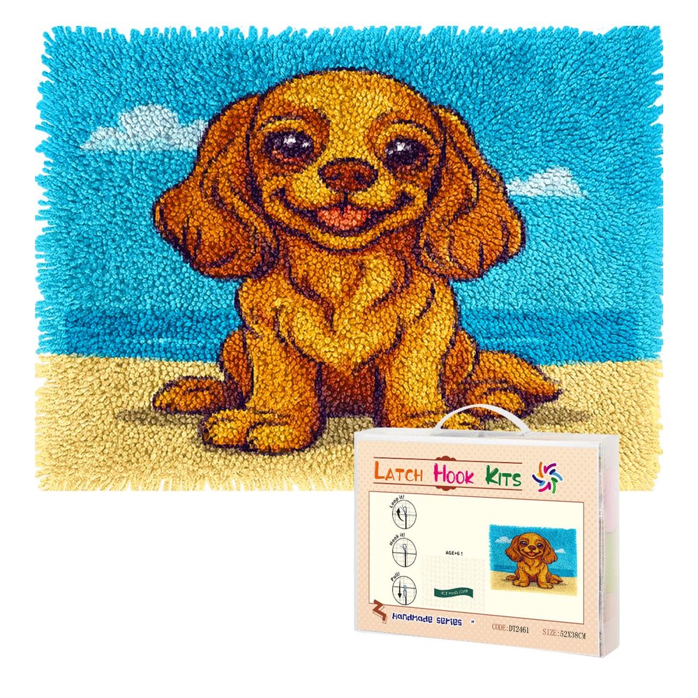 Latch Hook Rug Kit for Adults Cute Cartoon Cocker Spaniel Dog on Beach Pre-Printed Handmade Carpet Crochet Yarn Craft DIY Hook and Latch Door Mat Tapestry Home Floor Decoration 52x38cm(1)