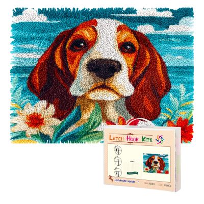 Latch Hook Rug Kit for Adults Cartoon Basset Hound Dog Beach Flower Pre-Printed Handmade Carpet Crochet Yarn Craft DIY Hook and Latch Door Mat Tapestry Home Floor Decoration 52x38cm(4)