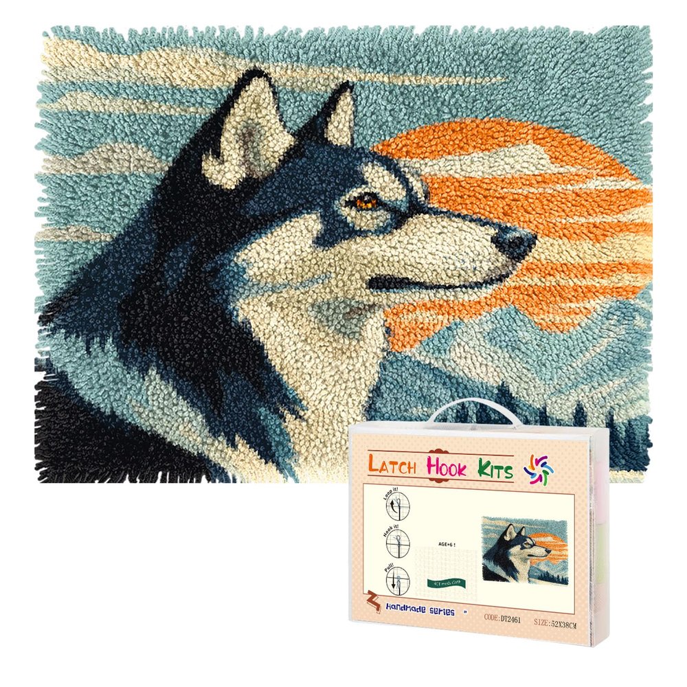 Latch Hook Kit Rug for Adults Siberian Huskies Dog with Snow Pre-Printed Handmade Carpet Crochet Yarn Craft DIY Hook and Latch Door Mat Tapestry Home Floor Decor 52x38cm-1