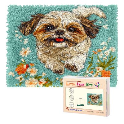 Latch Hook Kit Rug for Adults Cute Shih Tzu Dog Running in Flowers Pre-Printed Handmade Carpet Crochet Yarn Craft DIY Hook and Latch Door Mat Tapestry Home Floor Decor 52x38cm-20