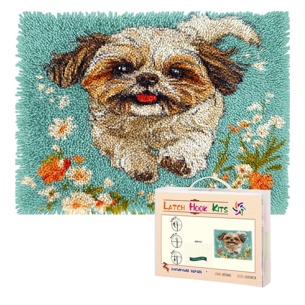 Latch Hook Kit Rug for Adults Cute Shih Tzu Dog Running in Flowers Pre-Printed Handmade Carpet Crochet Yarn Craft DIY Hook and Latch Door Mat Tapestry Home Floor Decor 52x38cm-20