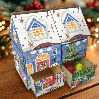 BAYUNOE Christmas Diamond Art Painting Storage Box Special Shaped Crystal Wooden Assembly Snowman Cottage Organizer with Drawers for Vanity Cabinet Home Desktop Ornament-Cottage02