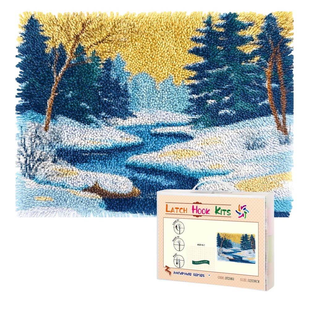 DIY Latch Hook Kit Rug for Adults Natural Landscape Snow Forest River Pre-Printed Handmade Carpet Crochet Yarn Craft Hook and Latch Door Mat Tapestry Home Floor Decor 52x38cm-2
