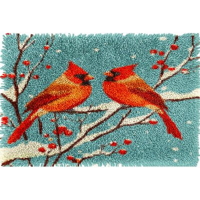 Red Cardinal on Snow Berry Tree Latch Hook Rug Kit for Adults Pre-Printed Handmade Carpet Crochet Yarn Craft DIY Hook and Latch Door Mat Tapestry Home Floor Decoration 60x40cm(8)