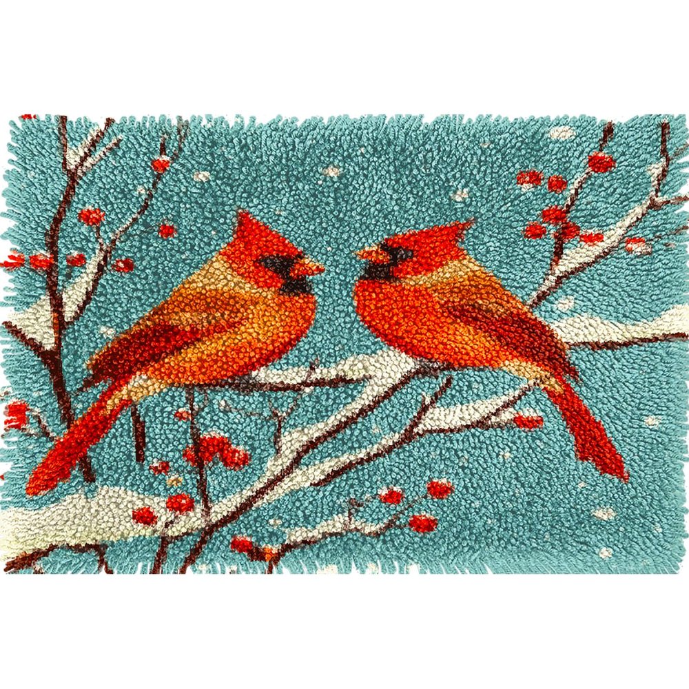Red Cardinal on Snow Berry Tree Latch Hook Rug Kit for Adults Pre-Printed Handmade Carpet Crochet Yarn Craft DIY Hook and Latch Door Mat Tapestry Home Floor Decoration 60x40cm(8)