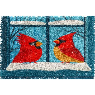 Cardinal Bird Window Snow Latch Hook Rug Kit for Adults Pre-Printed Handmade Carpet Crochet Yarn Craft DIY Hook and Latch Door Mat Tapestry Home Floor Decoration 60x40cm(2)