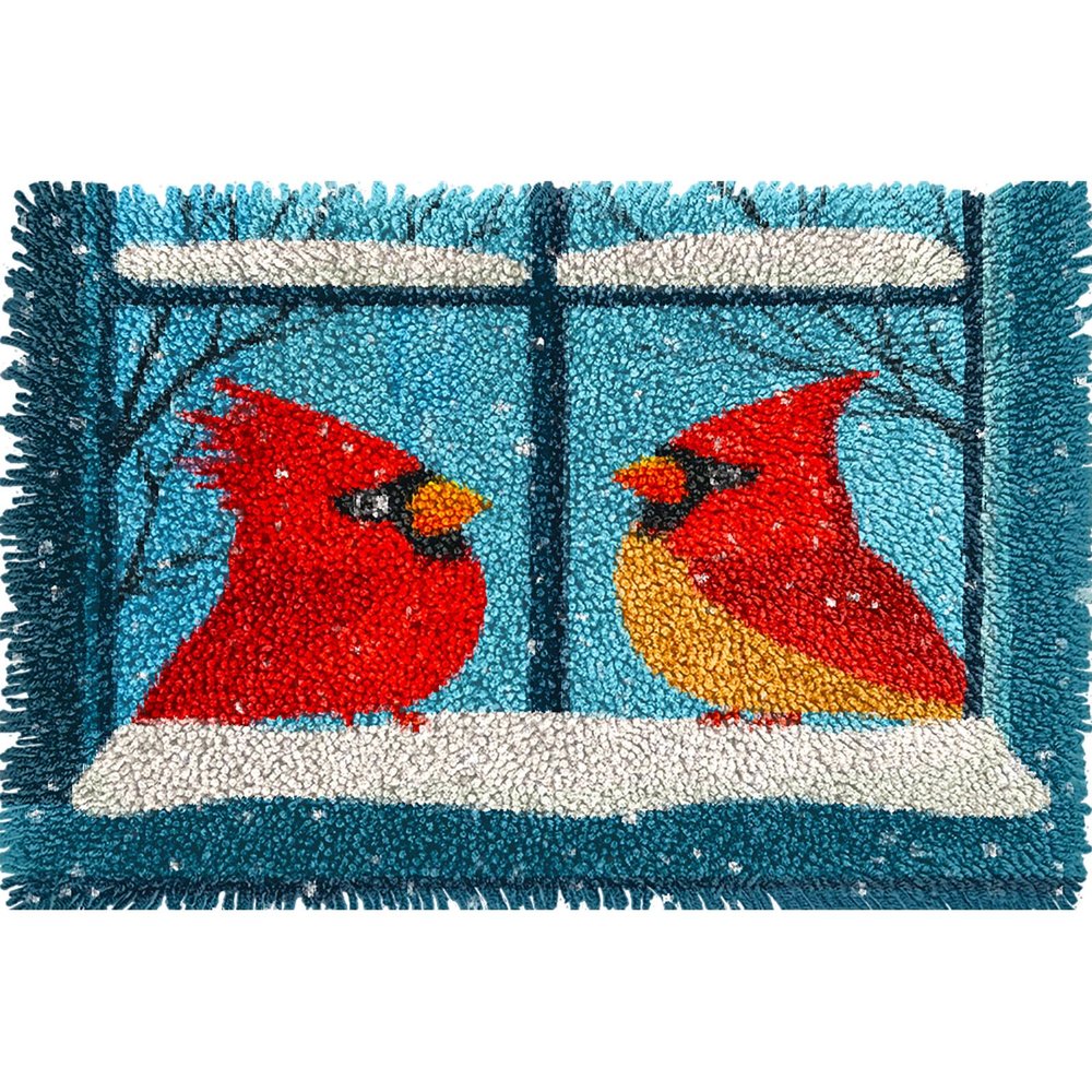 Cardinal Bird Window Snow Latch Hook Rug Kit for Adults Pre-Printed Handmade Carpet Crochet Yarn Craft DIY Hook and Latch Door Mat Tapestry Home Floor Decoration 60x40cm(2)