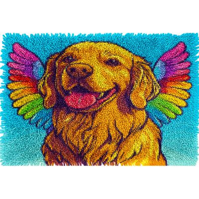 Latch Hook Rug Kit for Adults Golden Retriever Dog with Angel Wing Pre-Printed Handmade Carpet Crochet Yarn Craft DIY Hook and Latch Door Mat Tapestry Home Floor Decoration 60x40cm(8)