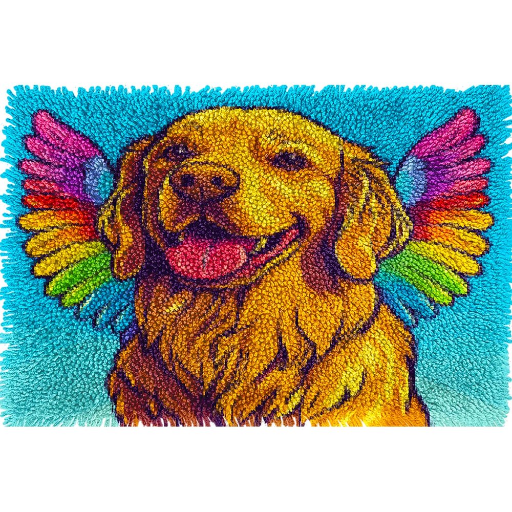 Latch Hook Rug Kit for Adults Golden Retriever Dog with Angel Wing Pre-Printed Handmade Carpet Crochet Yarn Craft DIY Hook and Latch Door Mat Tapestry Home Floor Decoration 60x40cm(8)