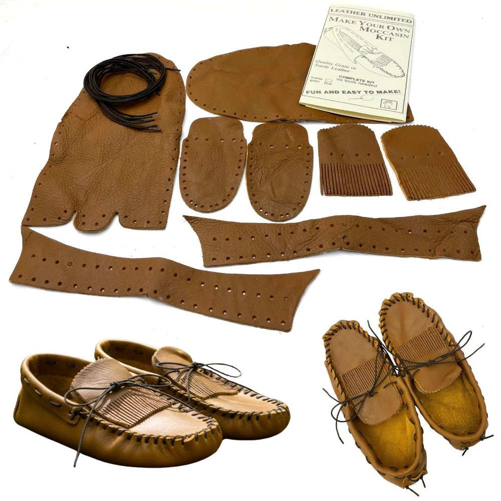 Moccasins Making Kit - Handmade Moccasins Kit - DIY Leather Moccasin Craft Project - Miscellaneous Brown or Tan Colors (Men's 10 / Women's 12 - Suede)
