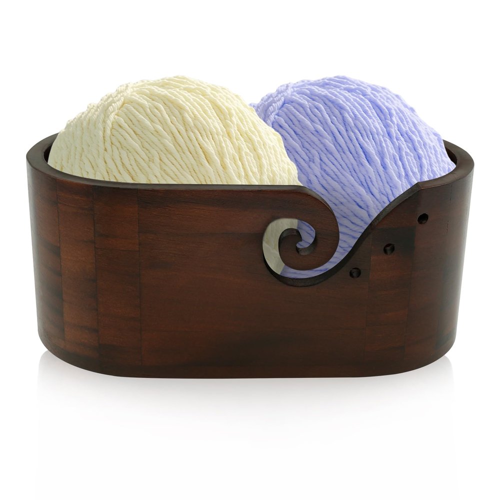 KOUISYY Wooden Yarn Bowl, 11inch Oval Crochet Yarn Holder, Large Crochet Bowls for Yarn, Wood Yarn Storage with Carved Holes, Knitting Yarn Bowls for Crocheting Lovers, Easter Mothers Day Gift