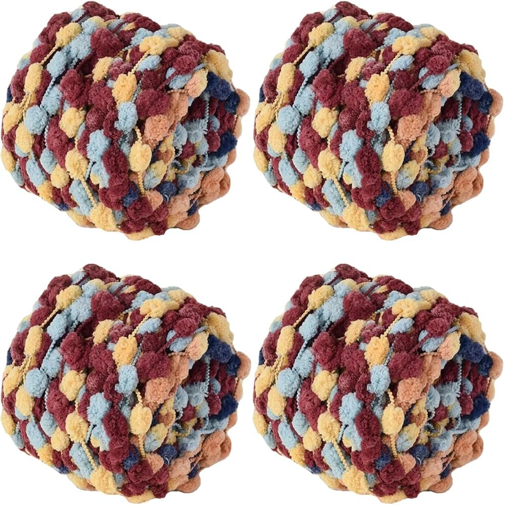 4 Pack/400g Pom Pom Ball Yarn Soft Plush Chenille Yarn for Crochet Knitting Blanket Scarf Pet Nest 175 Yards (Yellow Blue Brown)
