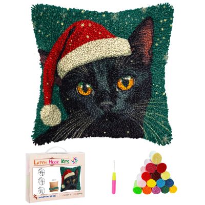 Latch Hook Pillow Kits Christmas Black Cat Stamped Pillowcase Handamade Crochet Yarn Hook and Latch Emboridery Throw Pillow Cover for Home Sofa Decoration 43x43cm(8)