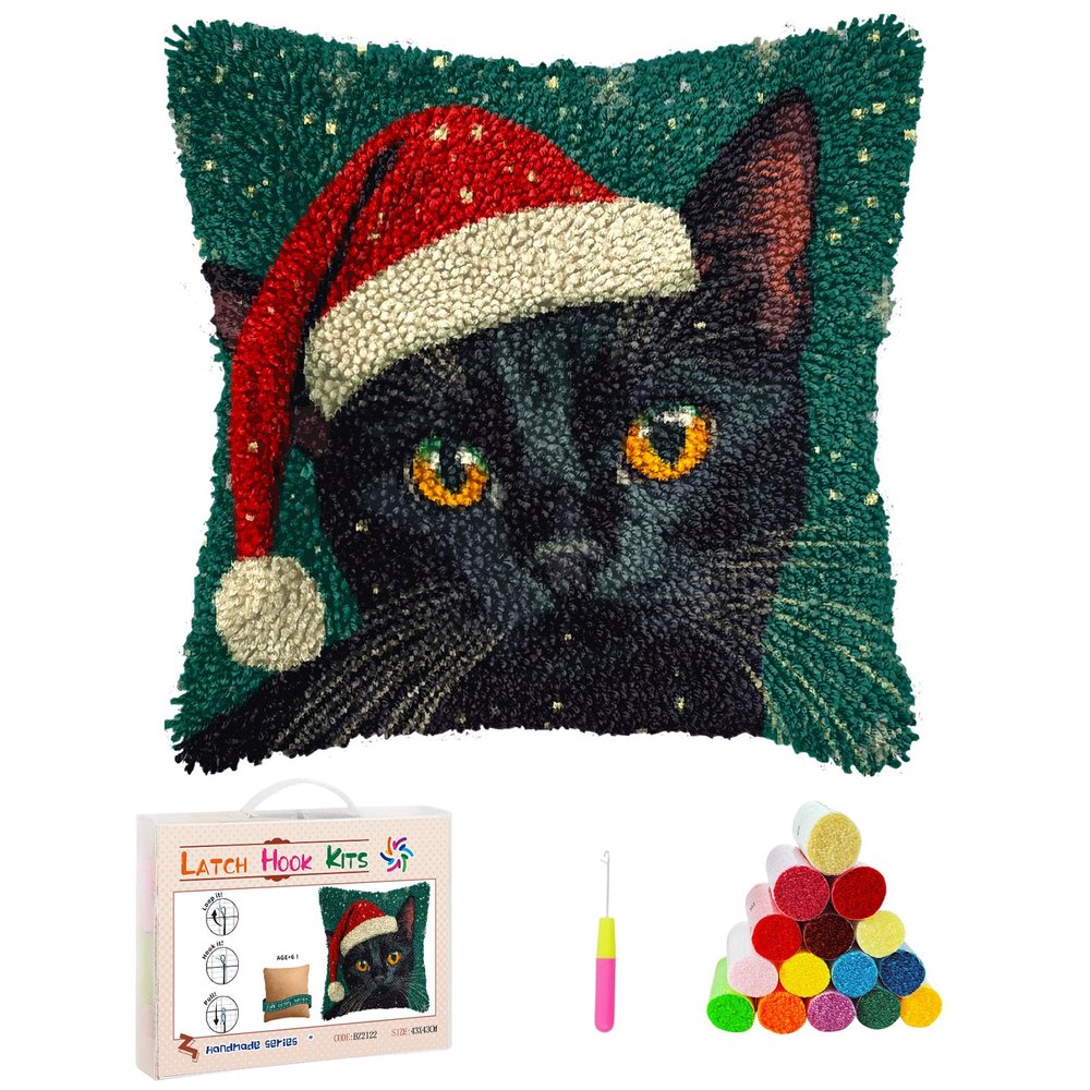 Latch Hook Pillow Kits Christmas Black Cat Stamped Pillowcase Handamade Crochet Yarn Hook and Latch Emboridery Throw Pillow Cover for Home Sofa Decoration 43x43cm(8)