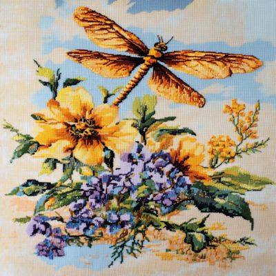 Amcdjkery Dragonfly Flower,Easy Cross Stitch Kits for Beginners with DetailedInstructions and Pre-Sorted Threads,40x50 cm