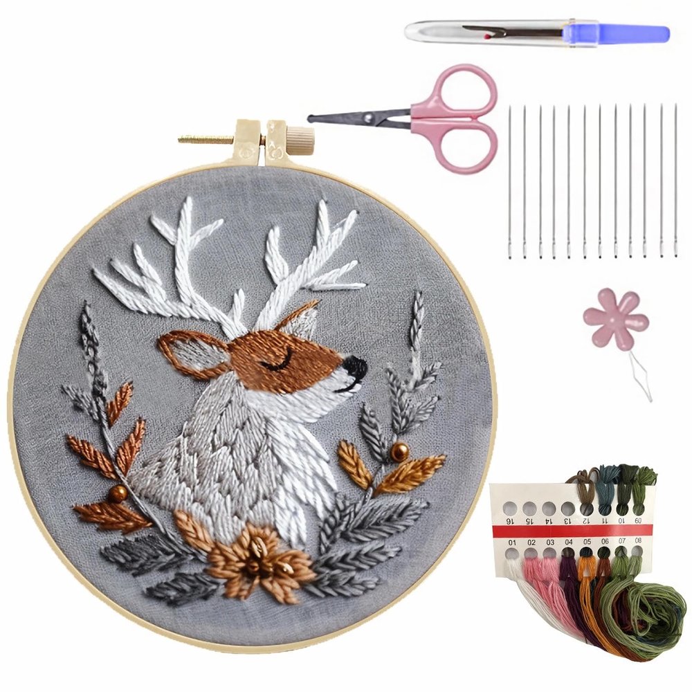 DoubleHappy Christmas Embroidery Kit,Beginner Embroidery Kit for Adults,Full Embroidery Hoop Kit with Needles and Thread Included,Embroidery Kits for Beginners with Pattern (Silver Elk(D))
