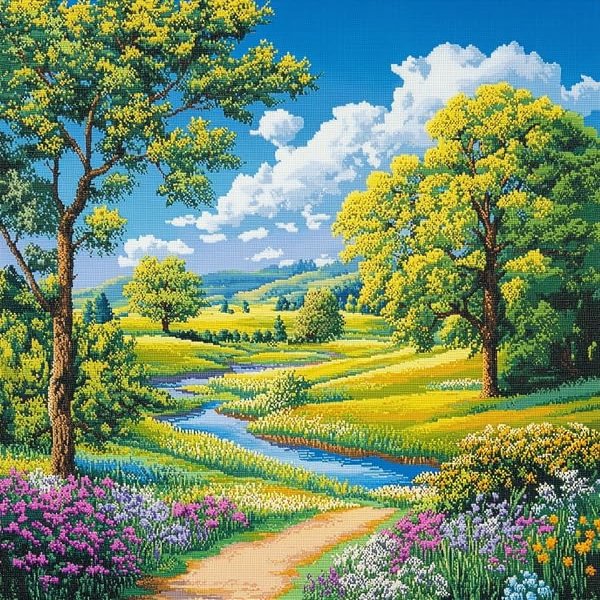 Amcdjkery Landscape Cross Stitch Kits for Adults,Landscape Under The Blue Sky,Embroidery Starter Kit for Beginners Adults,DIY Cross Stitch Kit for Craft Lover Learn Hand Stitch,40x50 cm