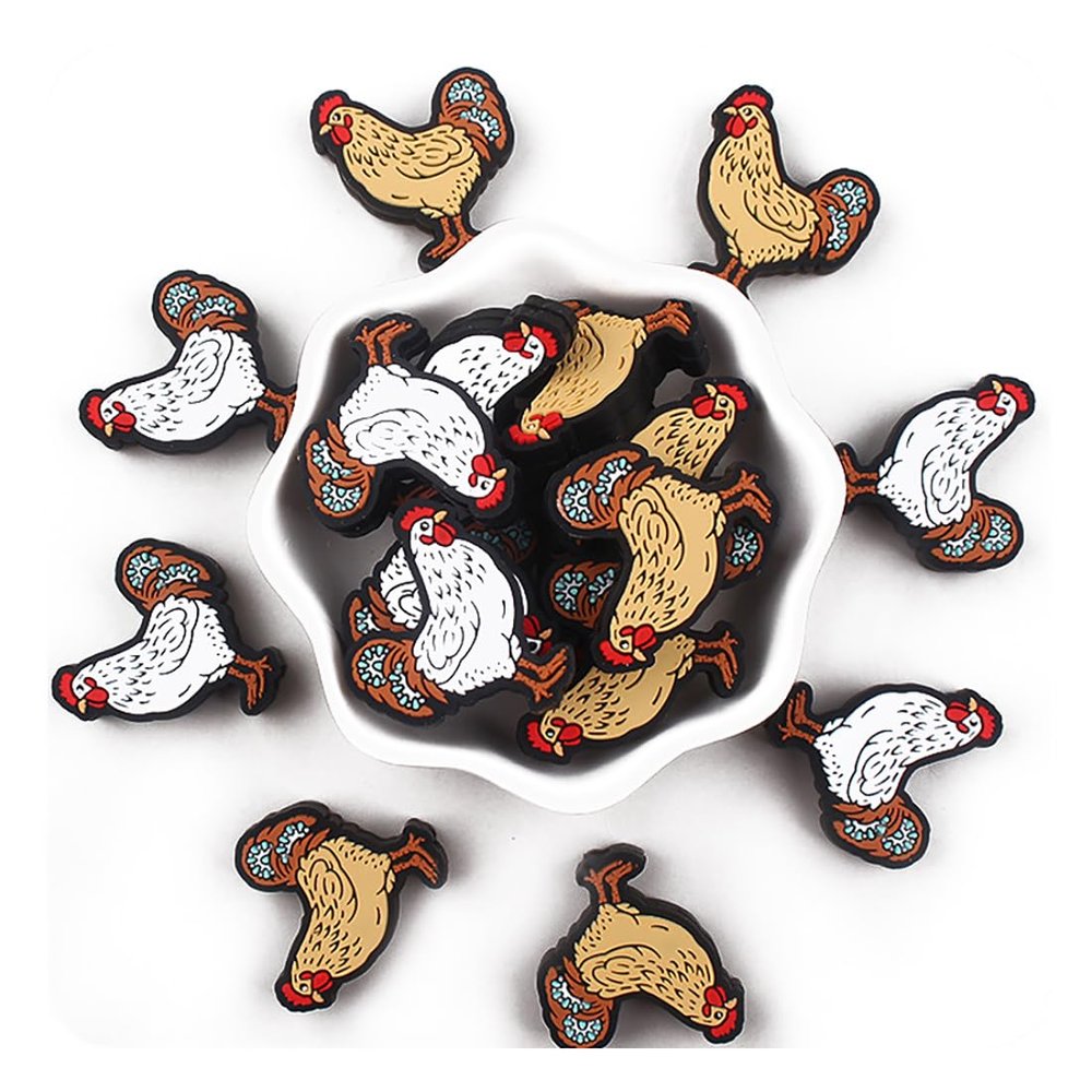 16Pcs Chicken Silicone Focal Beads, Cute Animal Silicone Bead, Loose Spacer Beads, Animal Shaped Printed Rubber Bead, for Adults Jewelry Making DIY Keychains Pens Bracelets Crafts