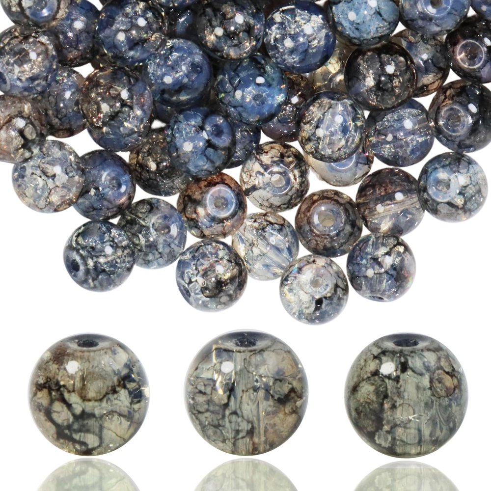 100Pcs 10mm Crackle Glass Beads for Jewelry Making - Round Spacer Crystal Beads Bulk, DIY Craft Supplies for Necklace Bracelet Earrings (Gray Black)
