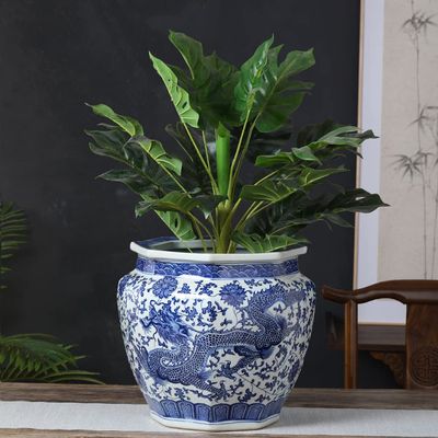 ELUKHT Ceramic Flower Pot Calligraphy and Painting Tube Scroll Calligraphy and Painting Storage Blue and White Porcelain Antique Octagonal Chinese Style Ornaments Tree Pot,A Without Holes