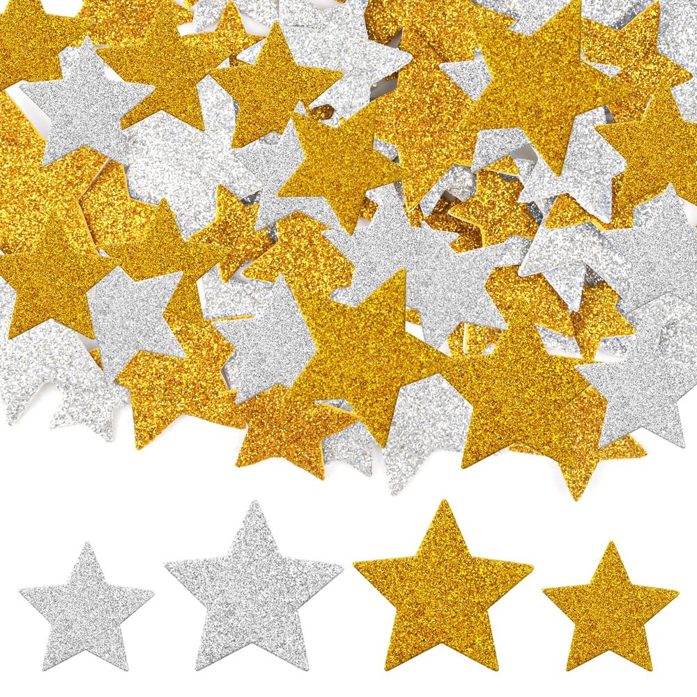 100PCS Gold Stars Foam Stickers, Silver and Gold Foam Stars, Glitter Foaming Star for Scrapbook, Decorative Star Adhesive for Craft Scrapbook and Card Greeting (4 Size