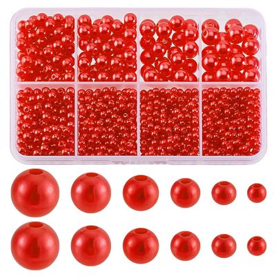 PH PandaHall 1113Pcs 6 Sizes Red Pearl Beads Red Imitation Pearl Round Pearls Beads 3~8mm Resin Pearl for Christmas Tree Decoration Wedding Party Necklaces Earrings Jewelry