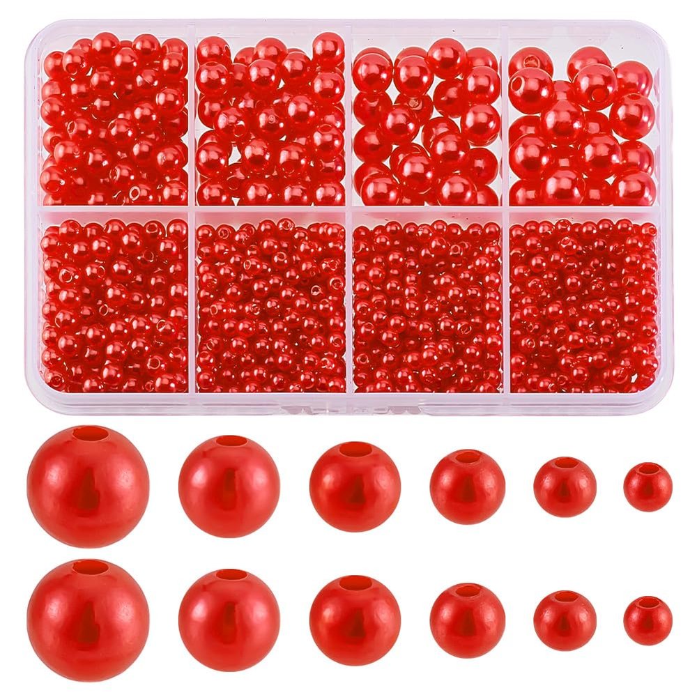 PH PandaHall 1113Pcs 6 Sizes Red Pearl Beads Red Imitation Pearl Round Pearls Beads 3~8mm Resin Pearl for Christmas Tree Decoration Wedding Party Necklaces Earrings Jewelry