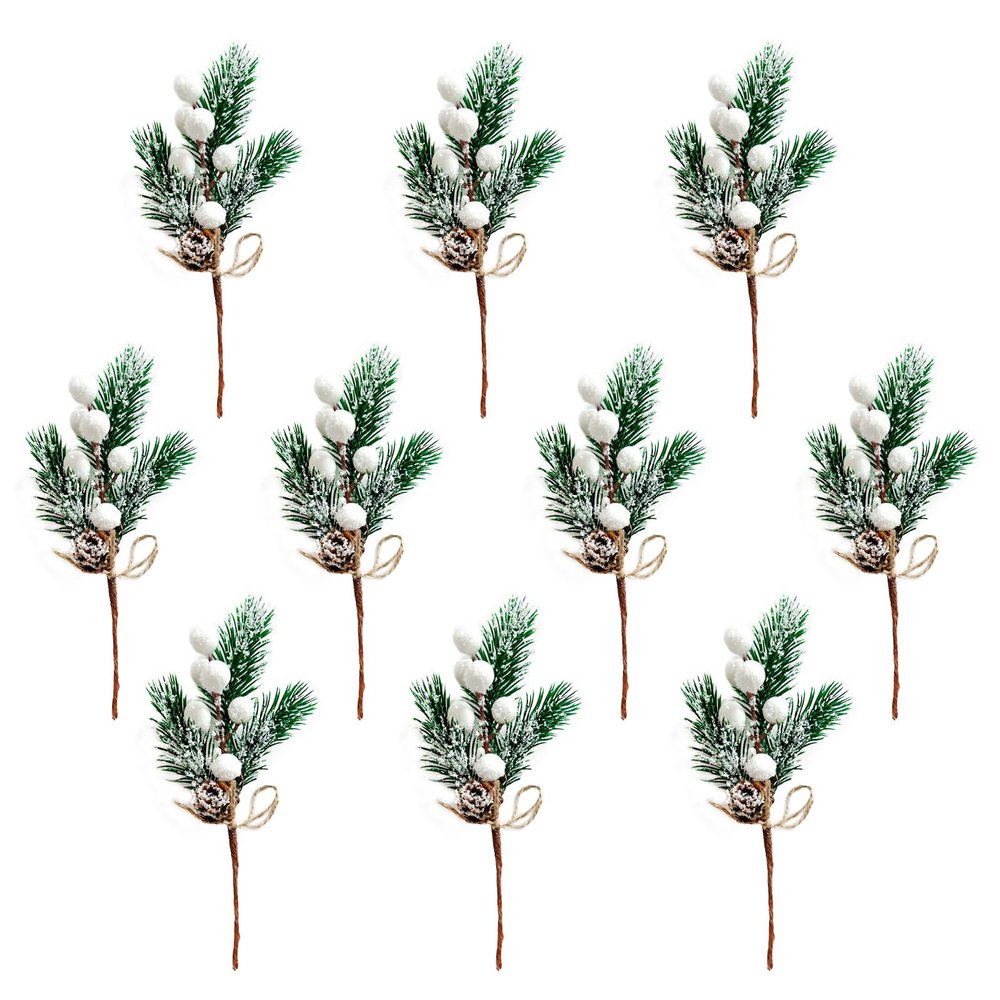 10 PCS 8 in Artificial Christmas Floral Picks, Berry Stem Pine Branch, Pine Branches with Pinecones Holly Leaves for Vase Floral Arrangement Crafts Holiday Christmas Wreath Decor